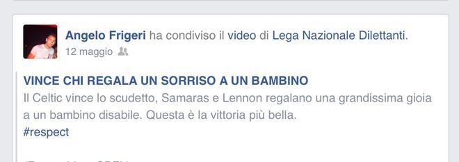 Dedicato a un bambino l’ultimo post di Frigeri su Facebook