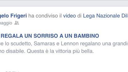 Dedicato a un bambino l’ultimo post di Frigeri su Facebook