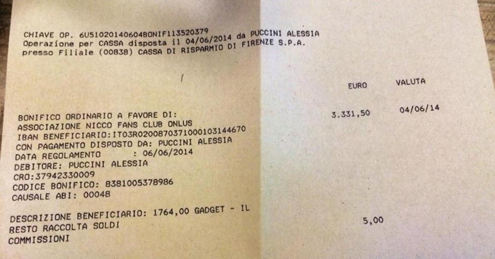 Effettuato il bonifico a favore di Nicco