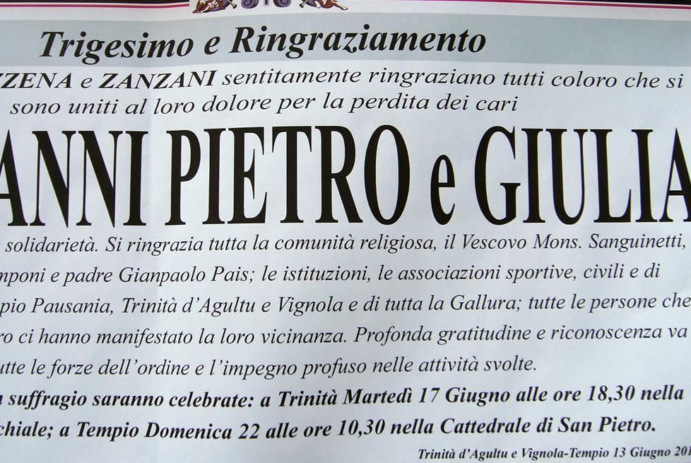 Due messe per la famiglia Azzena a un mese dalla strage 